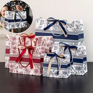 10PCS Gift Bags New Floral Gift Bags INS Fashion Tote Bag with Ribbon Packaging Bag Clothing Paper Shopping Bags Candy Bags Gift Wrapping Supplies