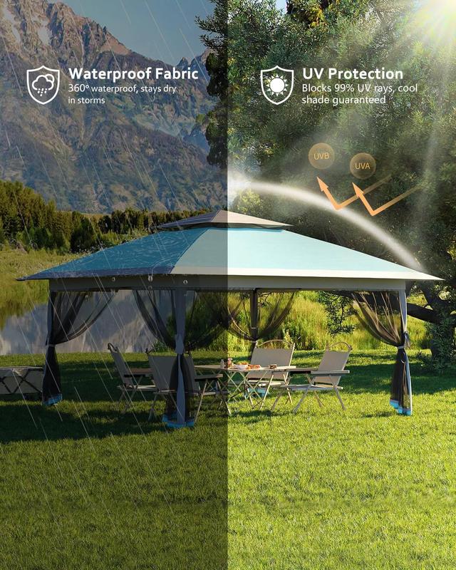 Pop Up Gazebo 12x12, Canopy Tent with Mosquito Netting, One Push Setup for Backyard Patio Garden with 4 Sand Bags- Blue