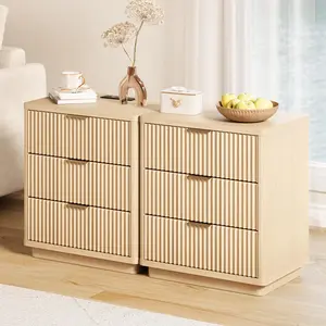 GAOMON Nightstand Set of 2, 3 Drawers Nightstand Fluted Bedside Table with Outlet, Light Wood Night Stand with Storage, Modern End Table with Metal Handle for Bedroom and Living Room, Space Saving