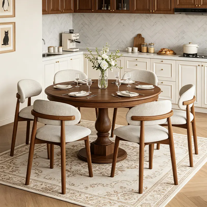 Set of 2 vintage modern dining chairs featuring a cream-colored linen upholstery cushion and sturdy solid wood legs; American farmhouse style without armrests, suitable for rectangular kitchen dining tables.