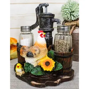 Farm Irrigation Well Pump Chicken Hen Salt Pepper Shakers Holder Figurine Set