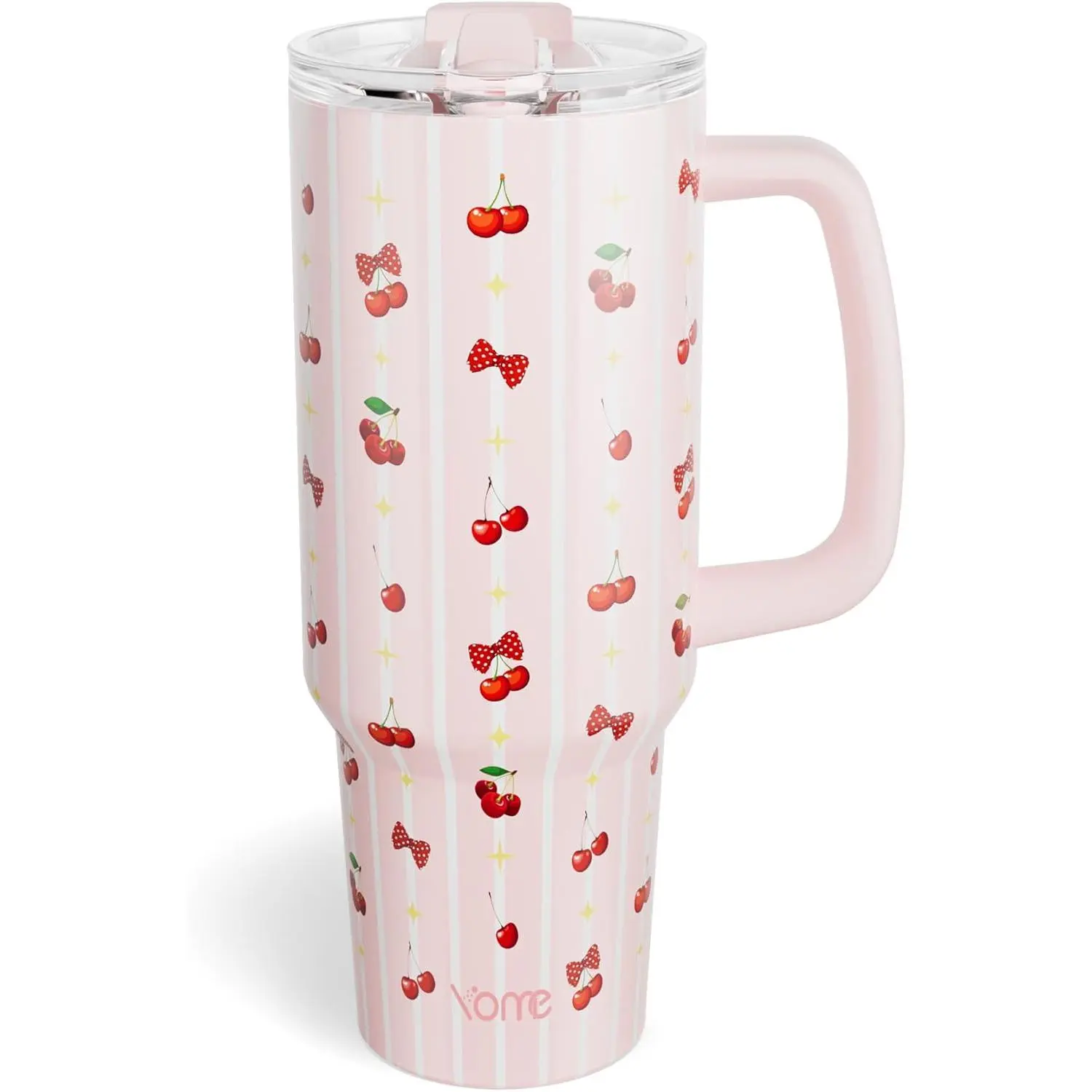 40oz Stripe Cherry Tumbler with Handle and Flip Straw | Stainless Steel Insulated Cute Water Bottle | Keeps Drinks Cold | Dishwasher Safe | Cupholder Friendly | Gift Gym Travel Yoga