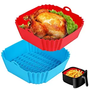 2 PCS Square Silicone Air Fryer Liners - 8 Inch Reusable Air Fryer Pot - Air Fryer Accessories - Air Fryer Inserts for 4 to 7 QT Oven Microwave Accessories (Red + Blue)