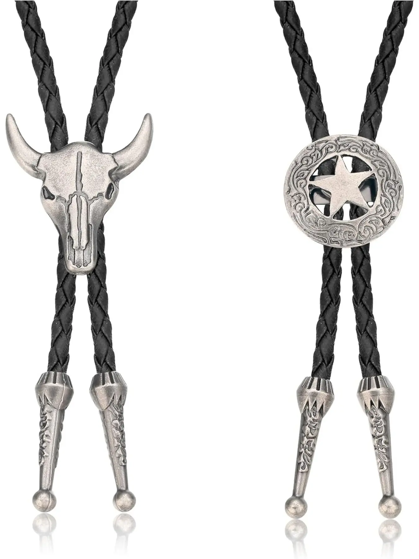 2Pcs Leather Bolo Tie Necktie Cow Skull Texas Ranger Star Chain for Men Rodeo Casual Boho Fashion Tie Necktie