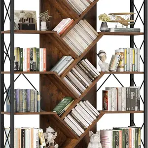 DWVO Industrial Tree Bookshelf, Large 5 Tier Bookcase Tall Standing Book Shelves Organizer Display Rack for Bedroom Living Room Office, Rustic Brown