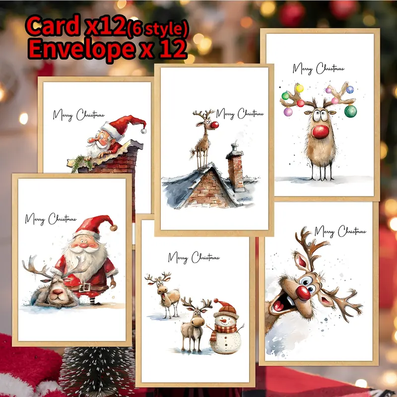 12pcs Funny Reindeer & Santa Christmas Greeting Cards Assortment with Card Design and Envelopes - Festive Holiday Stationery Cards for Family, Friends, and Colleagues - Suitable for Xmas, New Year and Thank You Occasions