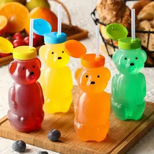 10pcs Cute Bear Shaped Plastic Bottles with Straws, Suitable for Cold Drinks, Juice, Honey, Party Drink Bottles Suitable for Home, Outdoor Picnics, Birthdays, Weddings, Halloween, Christmas Parties