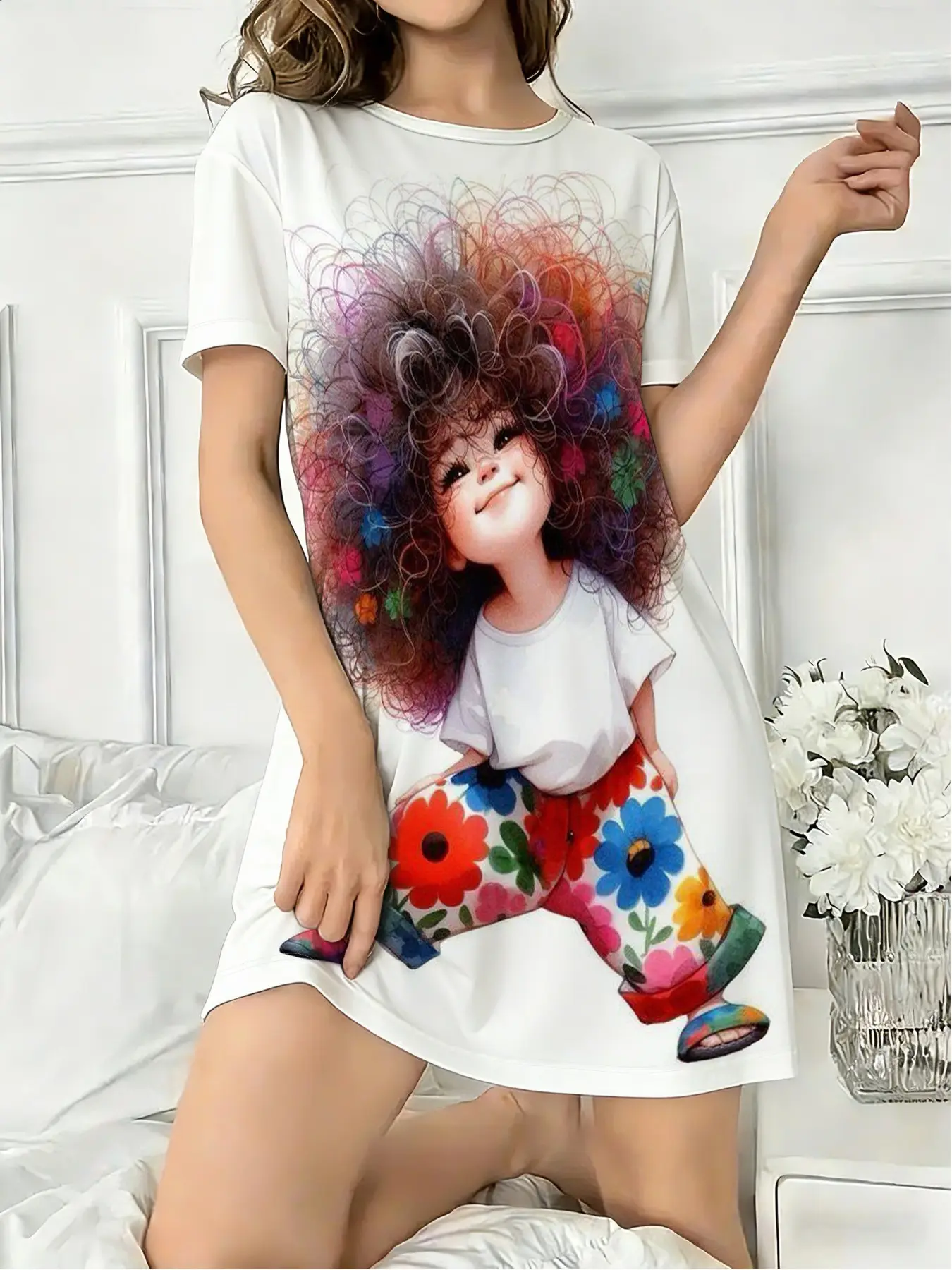 Women's Round Neck Short Sleeve Sleepwear, Soft Loungewear, Dreamy Cartoon Girl All-Over Print Pajamas, Casual Fitted Home Clothing, Lady, Round Neck Nightdress, Nightgown, Nightwear Sleepwear Homewear