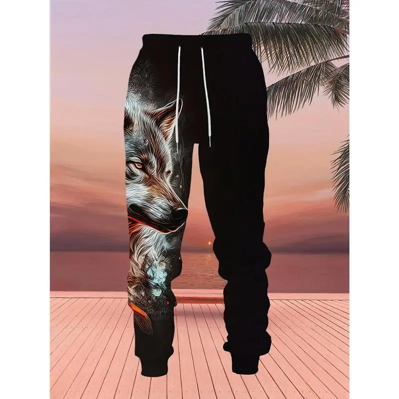 Men's wolf print hoodie and sweatpants set - casual streetwear, polyester blend, machine washable - perfect choice for spring and autumn seasons Men's wolf print hoodie and sweatpants set - casual streetwear, polyester blend, machine washable - perfect choice for spring and autumn seasons
