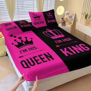3 Piece Romantic Valentine'S Day Themed Bedding Set, Valentine'S Day Gift, King and Queen Printed Crown Married Couple Fitted Sheet Set, Suitable for Couples' Bedroom Decoration Set, Soft and Breathable, Including 1 Fitted Sheet and 2 Pillowcase