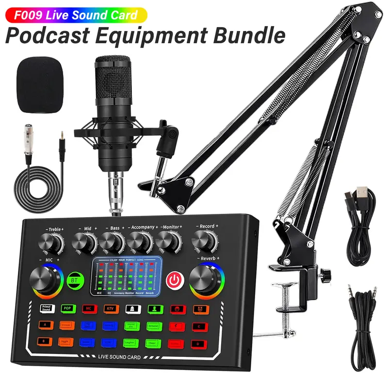 F009 Pro Cordless Live Sound Card Kit - Mic+BT 2-in-1 Bluetooth DJ Mixer, Podcast Audio Interface for Stage, Electronic Music & Karaoke, Amplifier Setup for Indoor Live Streaming, iPhone & Smartphone Compatible