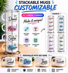 Set of 4 Custom Name Mugs – Stackable Ceramic Coffee Mug Set – Personalized Gift