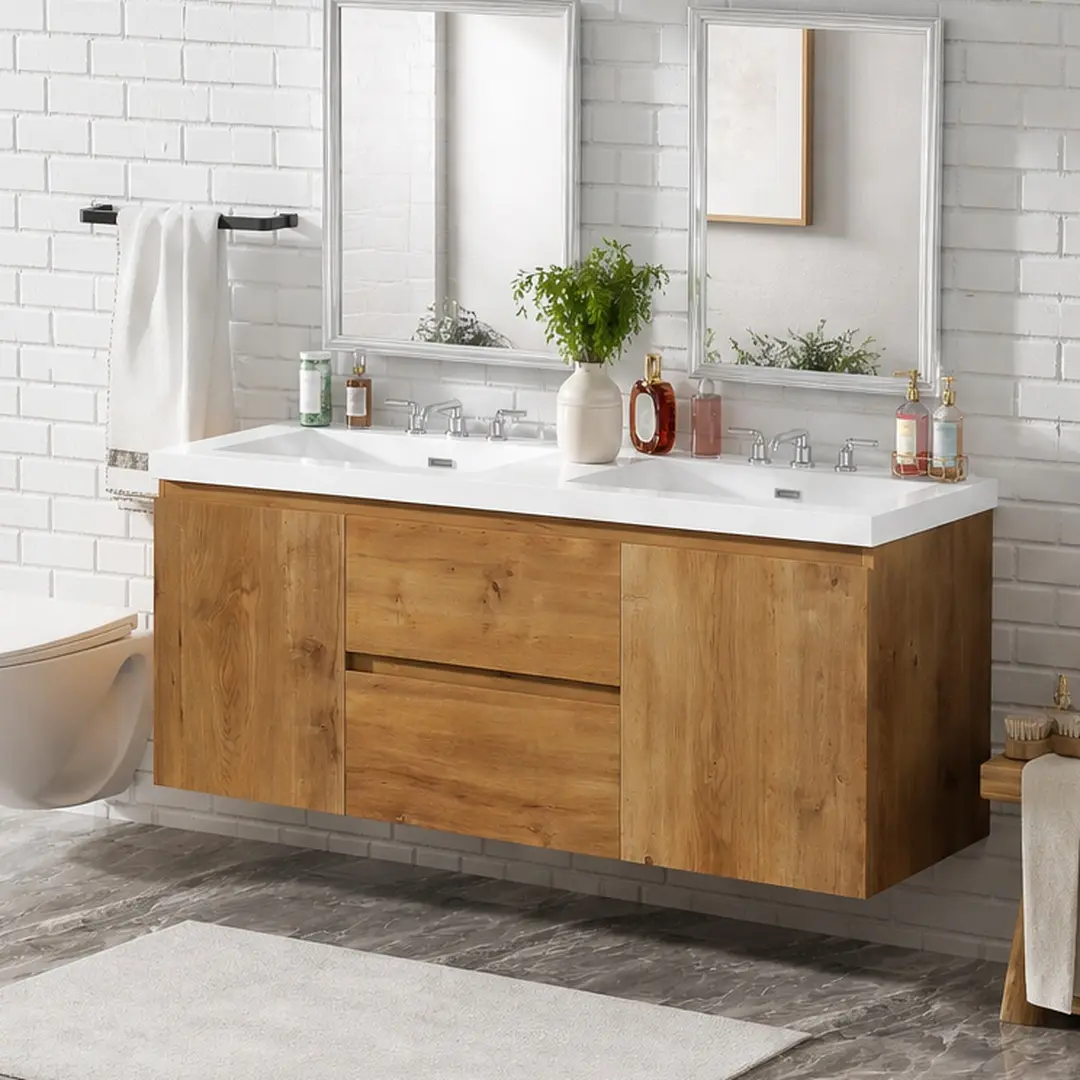 ARCH 59.3 Inch Double Sink Bathroom Vanity with SMC Top, MDF Cabinet, Soft Close Doors, Divided Drawers, Wall-Mounted Modern Storage Vanity for Large Bathrooms, Wood Grain Melamine Finish, Pre-Drilled Widespread Faucet Holes, Easy Assembly, Compartmentali