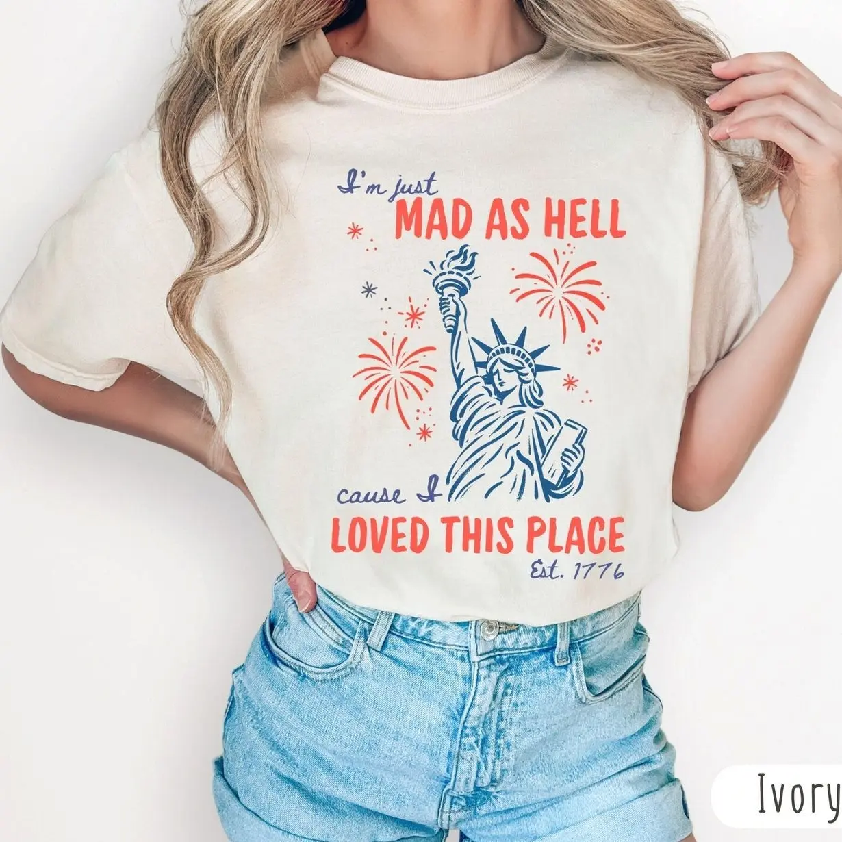 Patriotic Graphic T-Shirt for Women, Soft 100% Cotton 'Mad As Hell' Est. 1776 Quote Top for 4th of July, All Seasons Wear