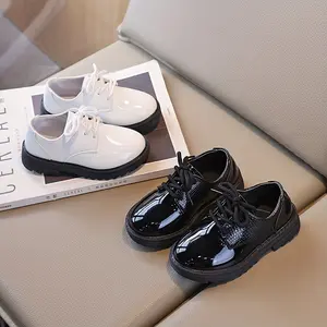 Boys' Stylish Solid Color Lace-Up Flat Shoes (White/Black) - PU Upper, TPR Sole & Comfortable | Spring/Fall Casual Wear & Christmas Gifts! #ChristmasKidsWear #BoysLaceUpFlatShoes #SpringFallKidsShoes
