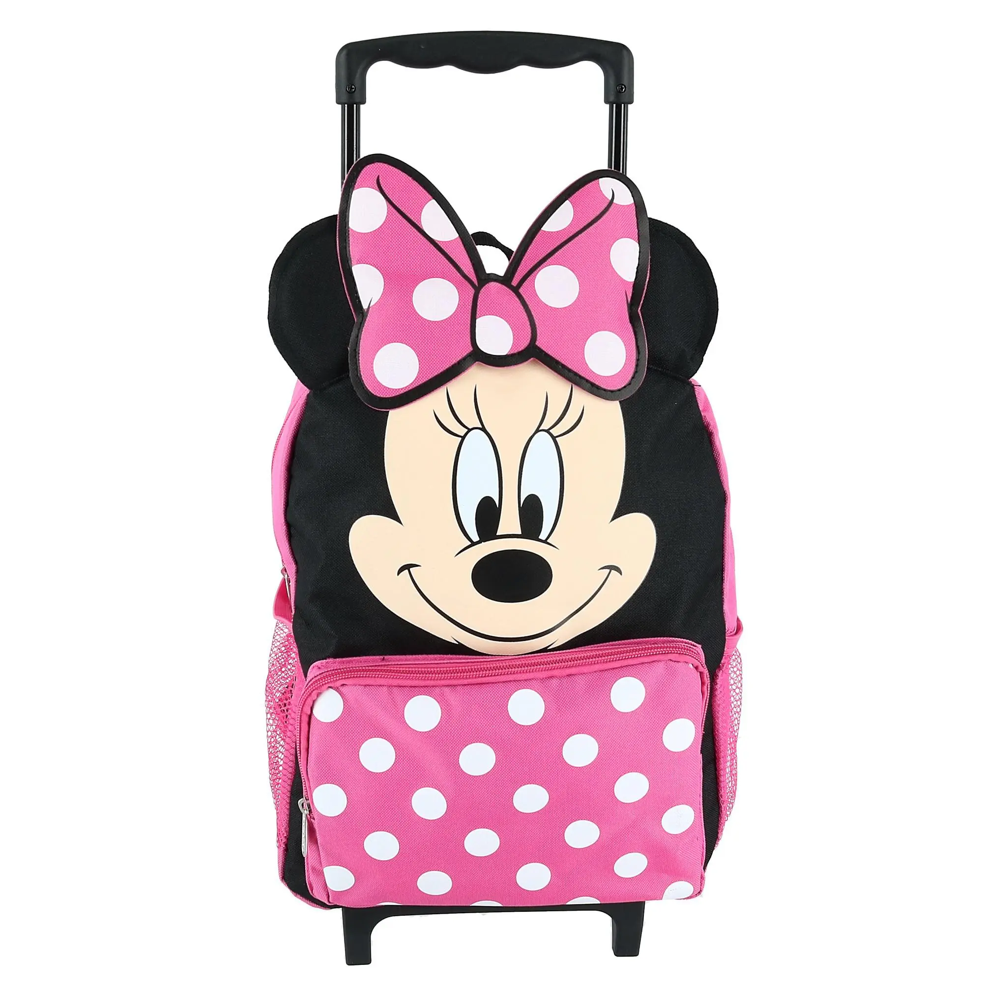 Disney Kids' 14-in Polka Dot Big Face Minnie Mouse Rolling Backpack - Bag Design, Toddler Carry On Luggage, Carry On with Wheels, Rolling Bag