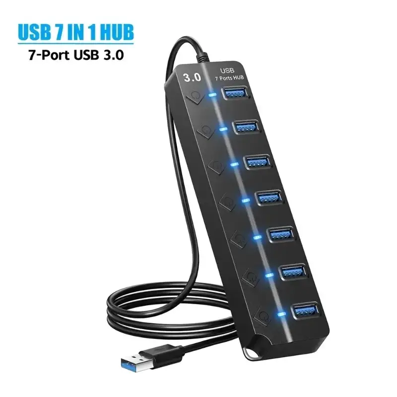 Multiple Ports 3.0 USB Hub Connector, 7 Ports USB Hub Splitter, Individual LED Power Controller & Indicator, Supercharge USB Connectivity with 120 CM
