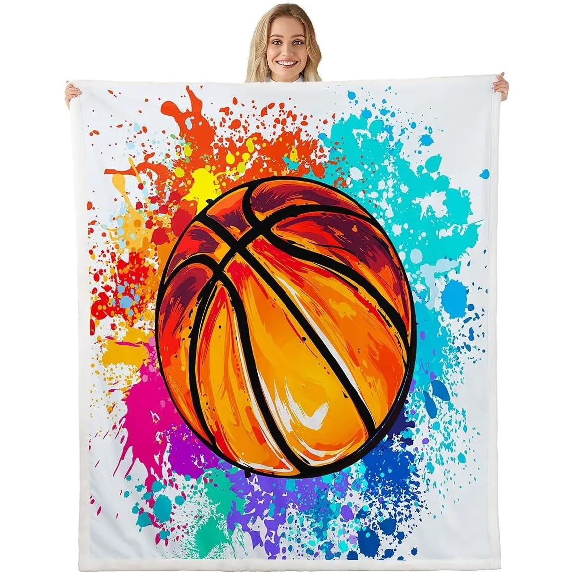 Watercolor Tie-dye Throw Blanket Cartoon Basketball Print Fleece Blanket Youthful Bed Blanket for Couch or Bed Sports Gaming Blanket Soft Warm Lightweight Adults Women Gift