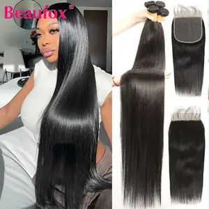 Beaufox Brazilian Straight Human Hair Bundles with Closure Virgin Raw Hair Extensions for Women