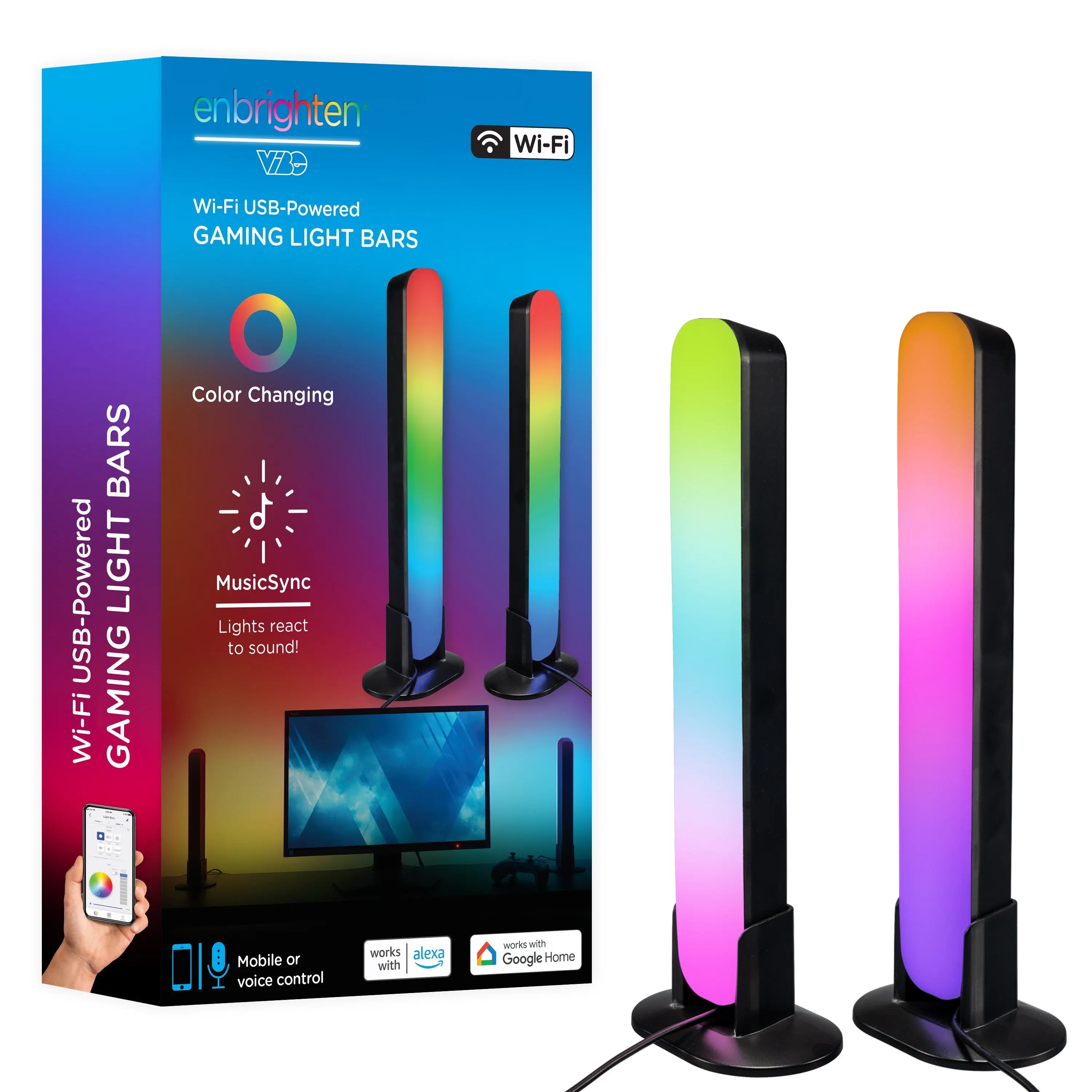 Enbrighten VIBE WiFi USB-Powered LED Color-Changing Gaming Light Bars, 2 Pack, Black