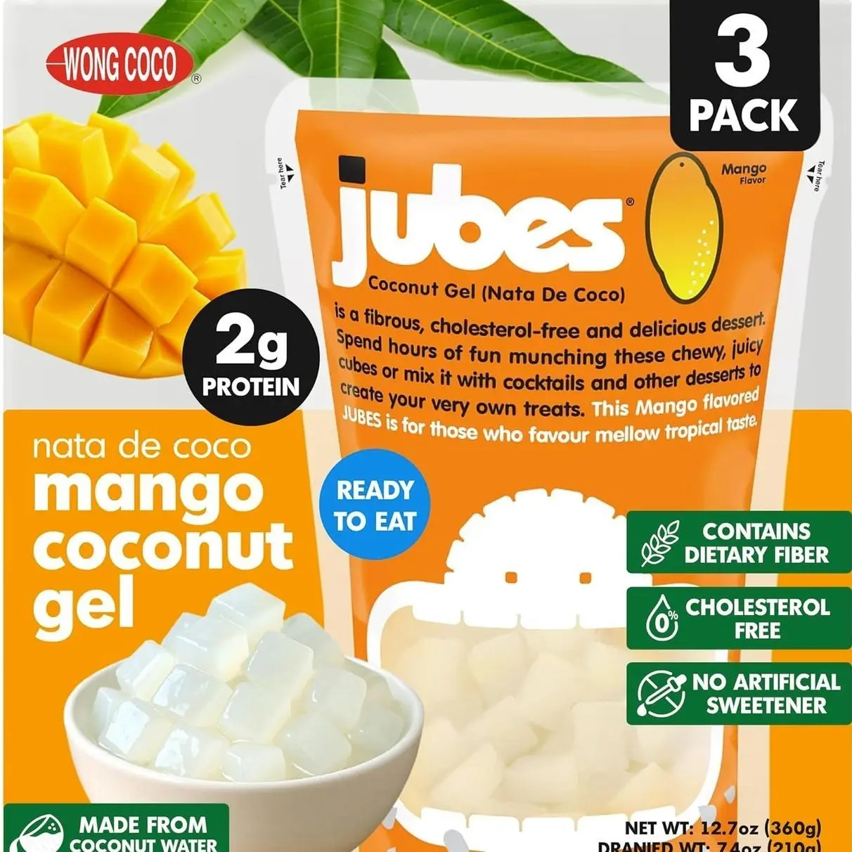 Jubes Mango Nata De Coco Jelly Cubes (12.7 oz, Pack of 3) - Mango Coconut Jelly Cubes for Sago - Coconut Gel in Syrup Toppings for Fruit Tea, Boba, Bubble Tea, Drinks, Desserts Yogurt, Ice Cream, Beverage