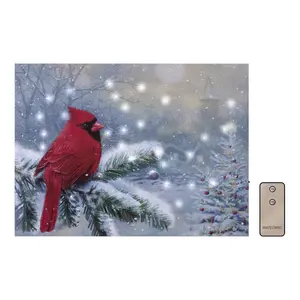 LumaBase Battery-Operated Lighted Wall Art Winter Cardinal Full Color Canvas with 40 LED Lights Remote Control Christmas Tree Ornaments for Indoor Decor