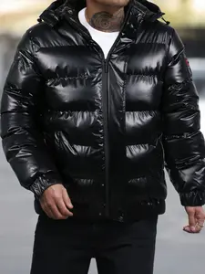 1pc High-Shine Puffer Jacket Urban Techwear Style Hooded Water-Repellent Windproof Thick Padding Ribbed Cuffs Adjustable Hood Winter Outerwear For Men Cold Weather Daily Wear