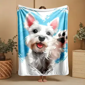 1 piece Cute white Schnauzer with blue heart background themed flannel blanket - Modern design flannel blanket, suitable for sofas and beds, all-season use, super soft and warm, digital printing, 100% polyester material, machine washable, suitable