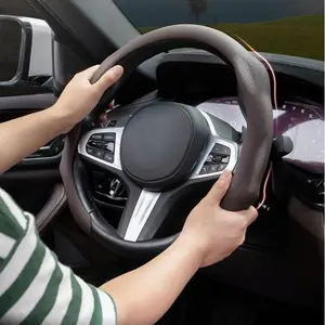 2026 New Car Models Nappa Leather Steering Wheel Cover Quick Turn Non-Slip Breathable Ultra-Thin All-Season Use for Modern Drivers White Leather Red Stitching Automotive Steering Wheelcover Alignment Mark