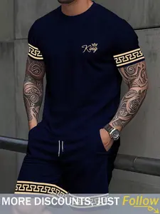 2-piece set with light luxury style and patterned elements! King Crown Printed Men's Short Sleeve+Shorts Casual Sports Set