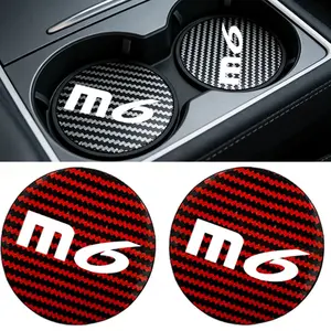 2 Pcs Car Coaster Water Cup Holder, Anti-Slip PU Leather & Carbon Fiber Striped Design, Fits Mazda M-6 Model, Durable Protection