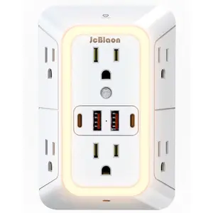Wall Outlet Extender with Night Light, Power Plug Adapter 6 Outlet Extender with 4 USB Charging Ports 1050J Power Strip Multi Plug Adapter Spaced for Home Travel Office (2U2C)