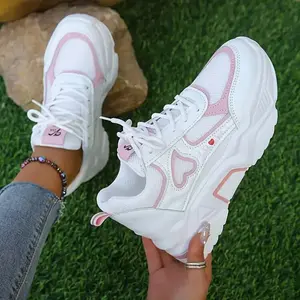 Breathable Mesh Chunky Sneakers, Women's Heart Pattern Fashion Height Increasing Sports Shoes, Casual Outdoor