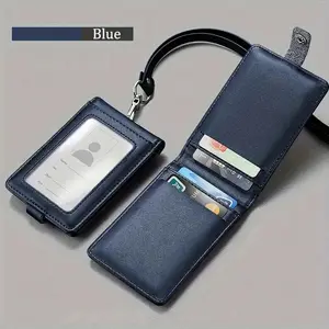 PU Leather ID Card Holder with Lanyard, Clear Front & Back Design, Secure Card Slots, Durable Business Accessory for Work, School, Office