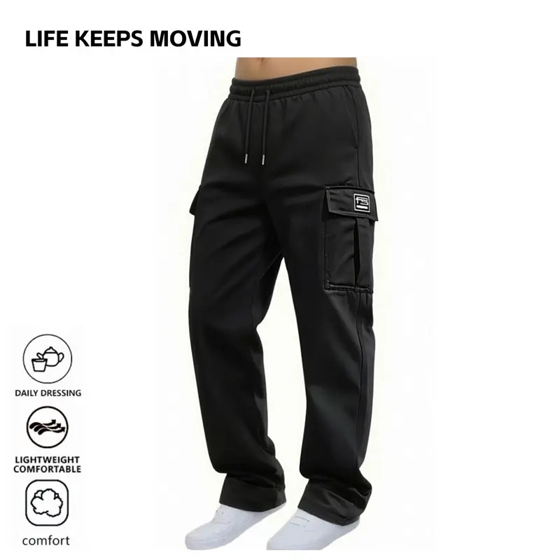 LIFE KEEPS MOVING men’s casual cargo pants featuring multiple pockets, suitable for all seasons and versatile for various occasions; straight-leg slim-fit long pants, durable and machine washable.