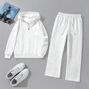 Men's Twist Jacquard Set White Casual Hoodie Trousers Two Piece Set for Everyday Wear