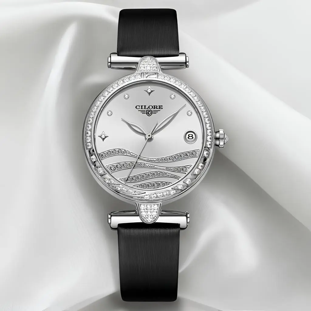 Women's Automatic Mechanical Watch, Round Diamond Bezel, Wave Engraved Dial, Date Window, Black Silk Strap, Elegant Ladies Dress Wristwatch(GongX1)