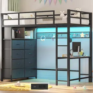 Sikaic Sturdy Twin Size LED Loft Bed Frame with LED Lights, Desk, 8 Fabric Drawers, Safe Design, and Charging Station, Grey