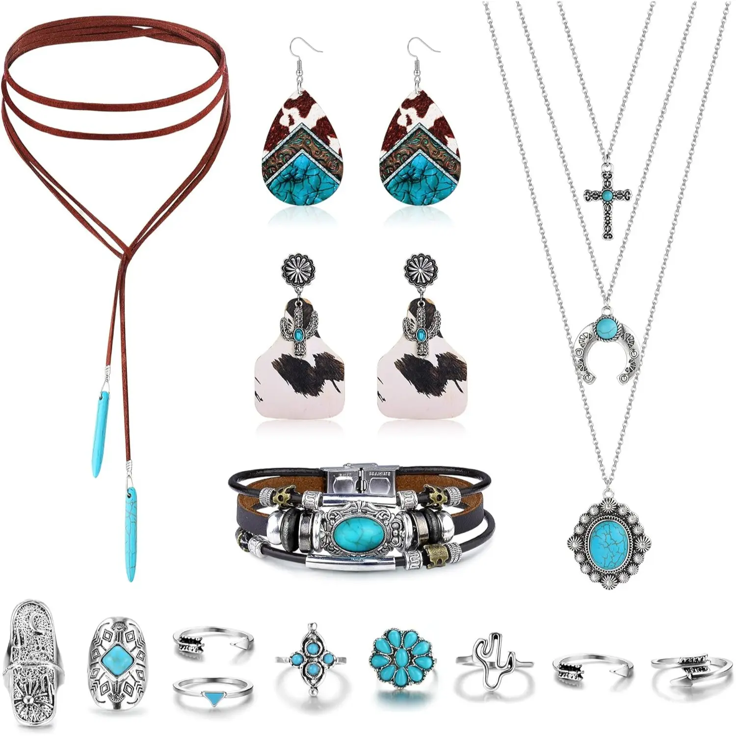FUNRUN Western Turquoise Jewelry Set for Women | Boho Cowgirl Aesthetic Accessories | Turquoise Choker Necklace, Wood Dangle Earrings, Leather Bracelet & Vintage Stacking Rings | Complete Festival Jewelry Gift