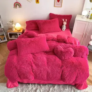 High Saturation Dragonfruit Powder Rose duvet cover set 3pcs, Thick Warm Long Plush Soft Includes Duvet Cover & 2Pillowcases