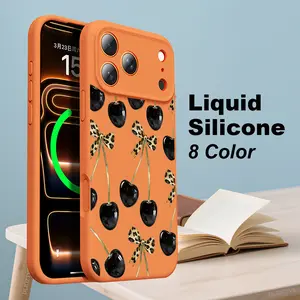 Black Cherry Leopard Print Bow Pattern Phone Cases For iPhone 17 Pro Max 16 Plus 16e 15 14 13 12 Luxury Liquid Silicone Colorful Shockproof Smartphone Case Soft Cellphone Casing Cover