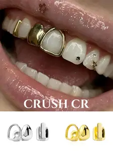CRUSH CR 18K Gold Plated Open Face Smooth Dual Square Single Tooth Grilllz Cap Set for Woman Gold/Silver, Tooth Gem, Perfect for Y2K Aesthetic Outfits Brunch Dates Daily Commutes Hip Hop Concerts Club Nights Themed Parties
