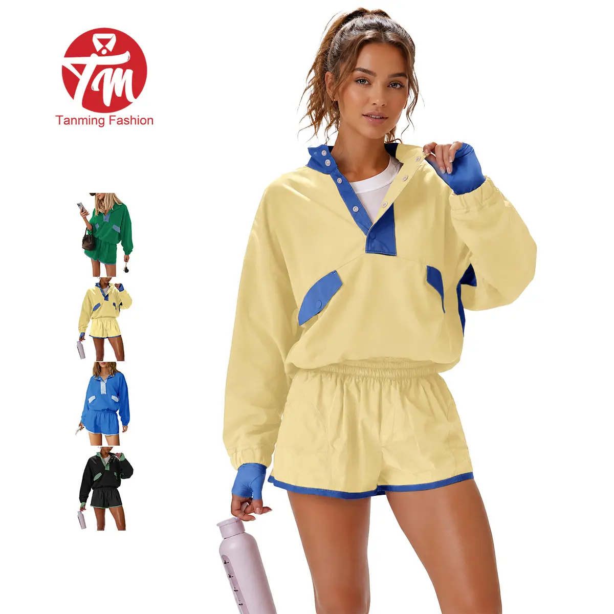 Tanming Women's Cotton Blend 2-Piece Lounge Set, Casual Color Block Long Sleeve Button Mock Neck Top and Shorts, Breathable Sporty Loungewear, Breathable Sporty Outfits, Lounge Set For Women, Casual Athletic Sportswear, Women's Clothes