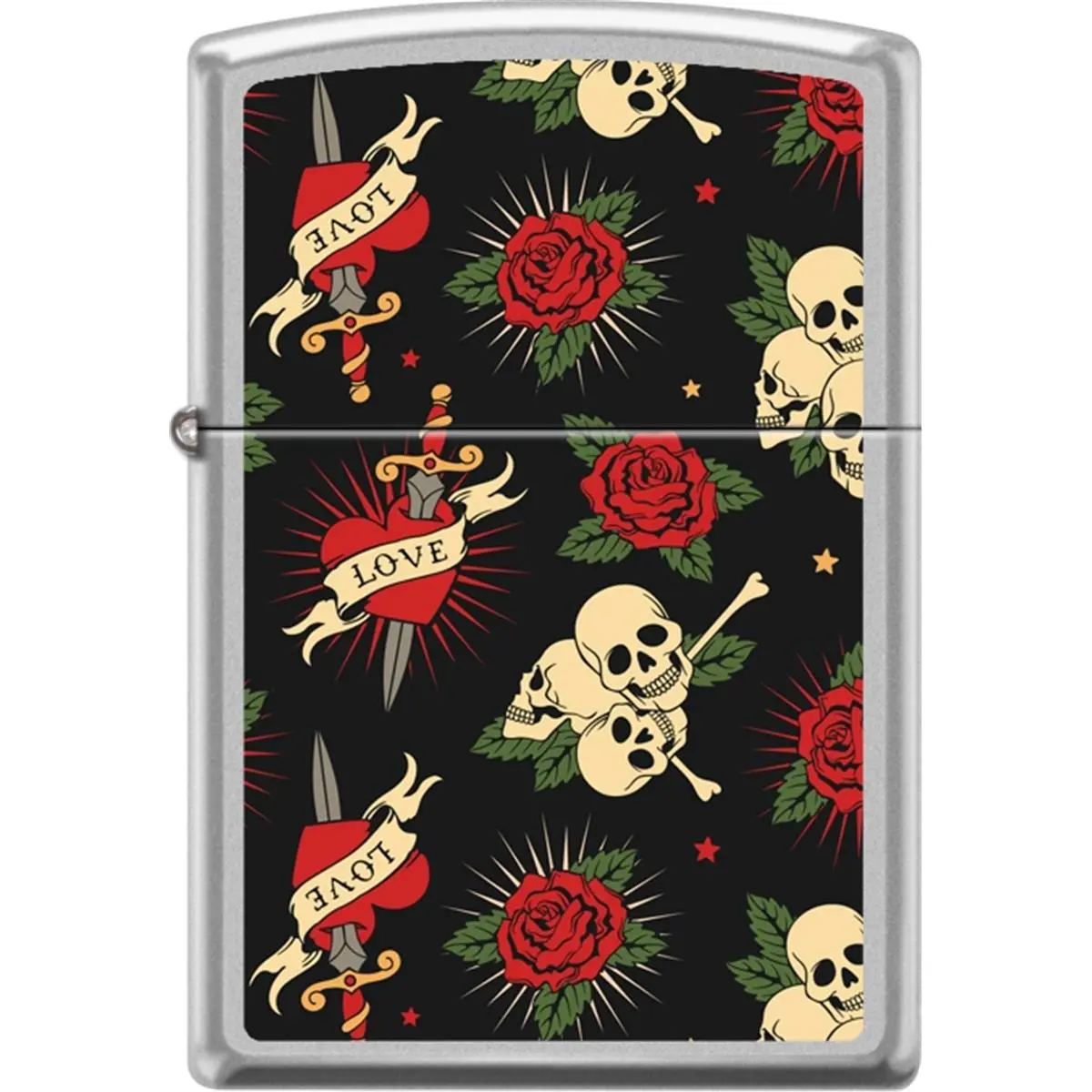 212 MAIN 2019 Patterned Roses-Skulls Satin Lighter with Chrome Finish - Men's Automotive Car Interior Decorative Collectible Accessory