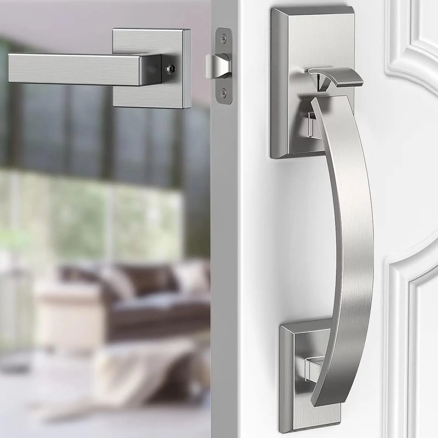 Front Door Handle Satin Nickel Adjustable, Heavy 12.7in Exterior Entry Knob, , Reversible
