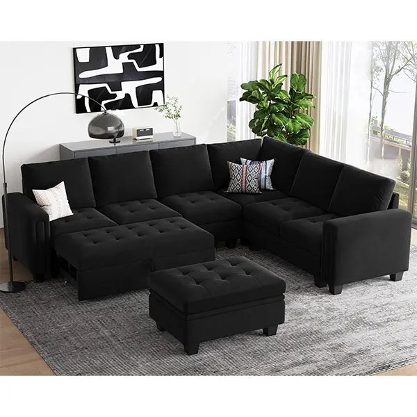 [Summer Sale Deals]Belffin Modular Sectional Sofa with Pull Out Couch Bed Convertible Velvet Corner L Shaped Sectional Sleeper Sofa Couch with Storage Ottoman Chaise for Living Room,Black