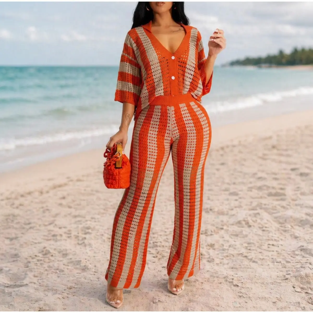 Women's Color-Block V-neck Striped Cutout Button-Front Top & Wide-Leg Pants Two-Piece Set, Casual Drop-Shoulder Collared Top & High-Waist Pants for Summer, Beach Vacation 2-Piece Outfit  Lounge Sets