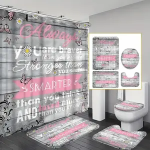 1/4pcs Butterfly & Letter Pattern Bathroom Decor Set, 4 Counts Non-slip Bath Mat & U-shaped Commode Contour Rug & Toilet Lid Mat & Shower Curtain with 12 Hooks, Bathroom Decoration Accessories