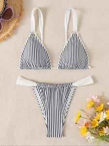 women's colorblock striped print bikini set, casual tie backless swim bra & swim panty, swimsuits for women, fashion chic ladies bathing suit for beach holiday vacation, bikini sets