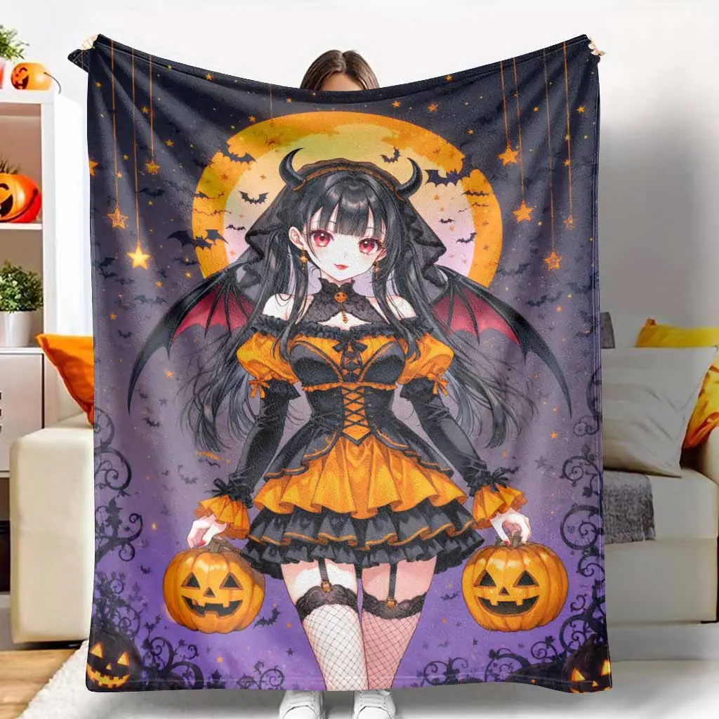 Anime Girl Flannel Blanket Halloween Pumpkin Print Soft Lightweight Cozy Plush Throw Bedding Wrap Perfect For Spooky Season Home Decor Bed Couch Sofa Living Room Gift